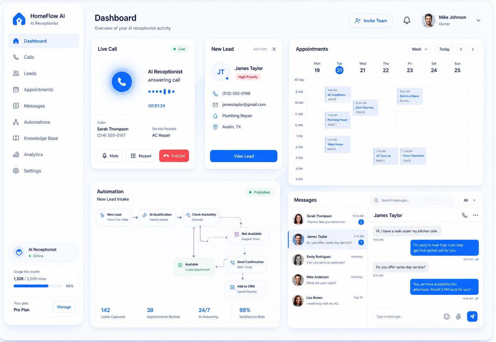 Servora dashboard showing an AI receptionist answering a call, new lead notifications, an appointment calendar, an automation workflow and customer messages